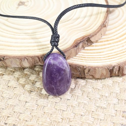 FANASY Natural Gemstone Pendant Necklace Healing Crystal Stone Choker Necklace Adjustable Waxed Black Rope for Women Men - color: Amethyst