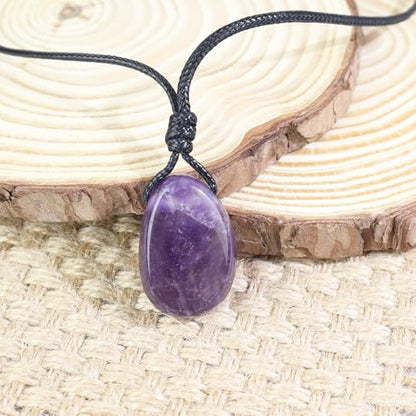 FANASY Natural Gemstone Pendant Necklace Healing Crystal Stone Choker Necklace Adjustable Waxed Black Rope for Women Men - color: Amethyst