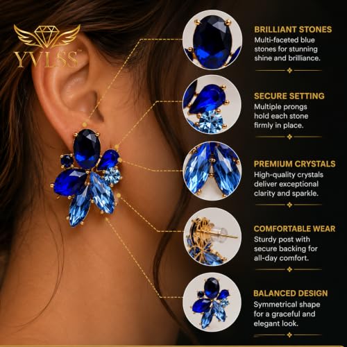 Blue Flower Crystal Earring - color: Blue