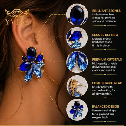 Blue Flower Crystal Earring - color: Blue