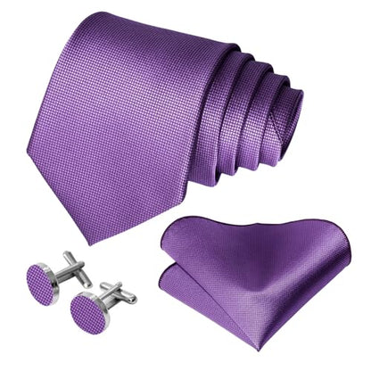 5PCS Mens Silk Tie, Pocket Square, Cufflinks, Drilled Tie Ring and Lapel Pin Set for Wedding Groom Party - color: Solid Purple Tie Set -74+11