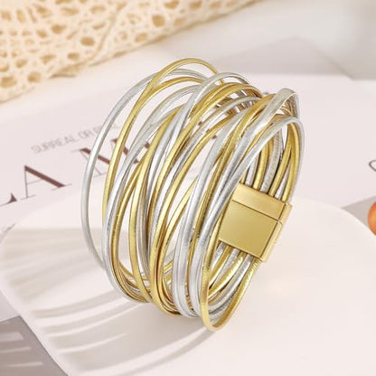 Edoneery Leather Wrap Bracelets for Women, Boho Layered Cuff Bangle | Multi-layer Leather Cuff, Daily wear, Stackable Bangle, Easy on-off, Western Jewelry Gifts for Women - color: Gold and Silver