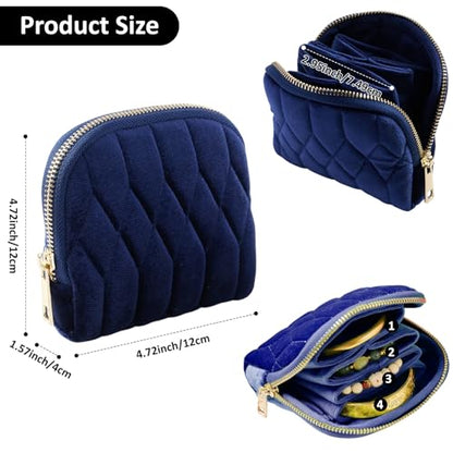 KALUYA shunmei Small Jewelry Travel Case, Diamond Quilted Velvet, Navy Blue | 4.72"x4.72" bag with zipper, 5-layer velvet organizer pouch, for bangle, bracelet, earring, necklace, ring, for women girls - color: Navy Blue