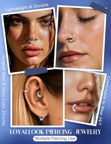 8PCS 16G Septum Clicker Ring Stainless Steel CZ Opal Cartilage Helix Tragus Hoop Daith Earrings Nose Rings Hoop Hinged Segment Clicker Ring Piercing Jewelry - color: silver tone 8mm