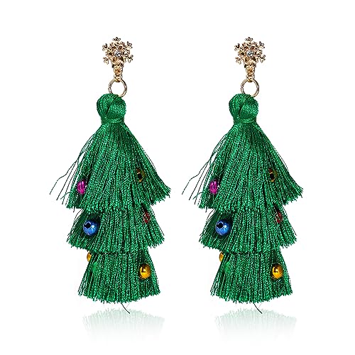 Boho Statement Tassel Earrings - Clip On Feather Dangling Fringe Earrings for Women - Non Piercing Jewelry for Vacation, Beach, Bride, Bachelorette, Costume, Prom - color: Christmas Tree Clip On