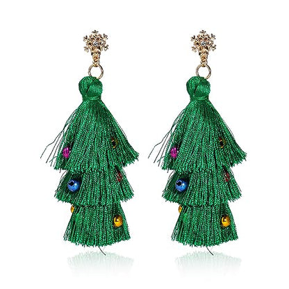Boho Statement Tassel Earrings - Clip On Feather Dangling Fringe Earrings for Women - Non Piercing Jewelry for Vacation, Beach, Bride, Bachelorette, Costume, Prom - color: Christmas Tree Clip On