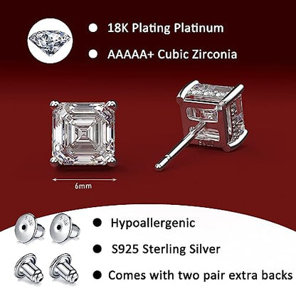 Asscher Cut Cubic Zirconia Stud Earrings for Men Women | Square CZ Simulated Diamond Studs, 18K White Gold Plated Sterling Silver - color: White Gold, size: 6MM