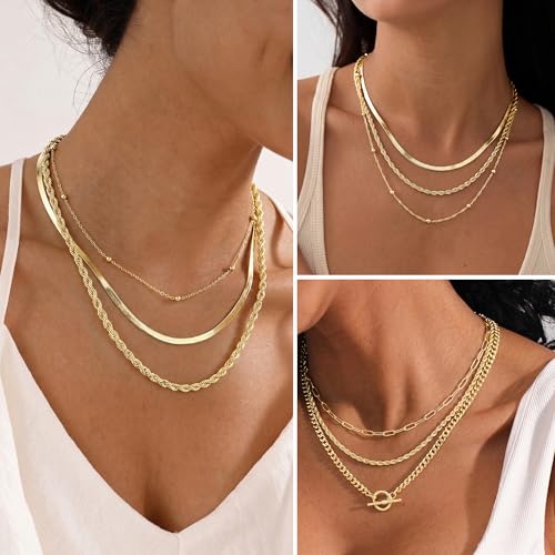 Turandoss Layered Necklaces for Women, 14K Gold Plated Chain Necklace Stack | Non Tarnish Gold Necklaces for Women, Toggle Clasp Herringbone Rope Satellite Cuban Link Chain Necklace, Trendy Jewelry Gifts - color: herringbone+satellite+rope-1