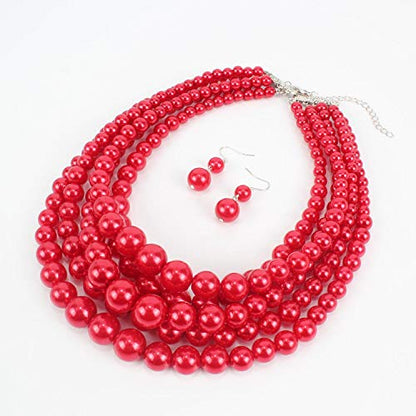 KOSMOS-LI Large Multi Layer Faux Pearl Strand Costume Jewelry Sets For Women Stocking Stuffers - color: red