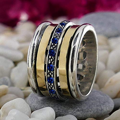 Two tone Ring Handmade 1.6 Carat Natural Blue Sapphire Gemstone Mixed Metal 925 Silver & 9k Solid Gold Hammered Meditation Ring Made in Israel