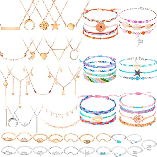 Batiyeer 60 Pcs Boho Surfer Wave Bracelet and Necklace Set for Women, Summer Beach Y2k Layered Choker Anklets Knuckle Rings - style: Delicate