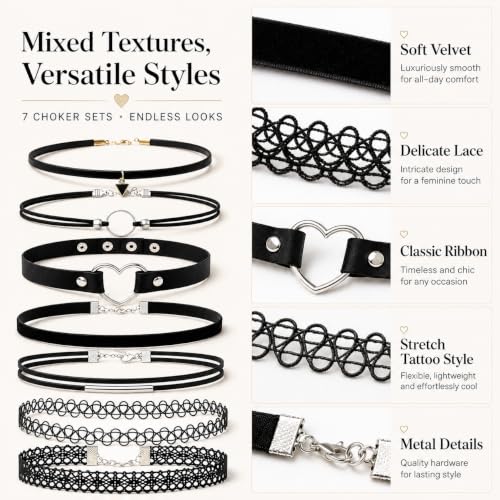 6 Piece Black Choker Necklaces for Women, Gothic Velvet Lace Tattoo Set