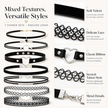 6 Piece Black Choker Necklaces for Women, Gothic Velvet Lace Tattoo Set