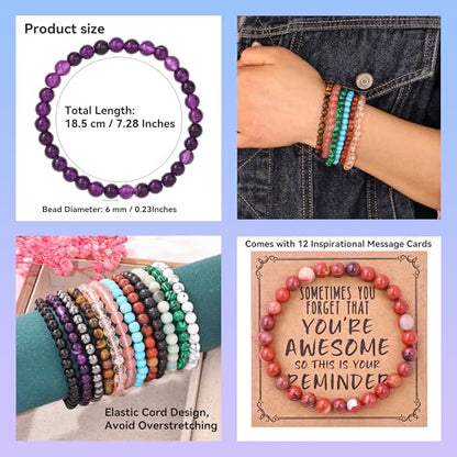 12Pcs Inspirational Beaded Bracelets, 6mm Natural Stone & Glass Beads, Elastic Stretch Bracelet Set with You're Awesome Message Cards, Handmade Healing Chakra Bracelets Bulk for Women Men, Birthday Christmas Friendship Gift