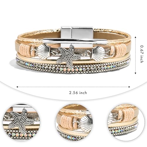 VIBILIA Boho Leather Wrap Bracelets for Women Multi-Layer Bracelets | With Strong Clasp Jewelry for Women - color: 04-ShellStarfish-Khaki