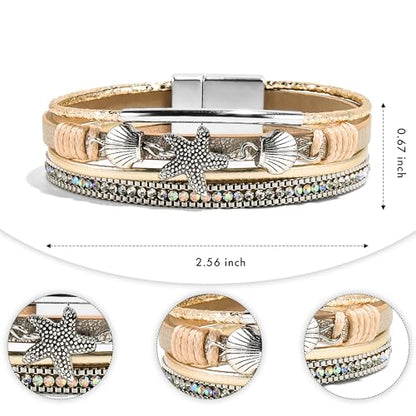 VIBILIA Boho Leather Wrap Bracelets for Women Multi-Layer Bracelets | With Strong Clasp Jewelry for Women - color: 04-ShellStarfish-Khaki