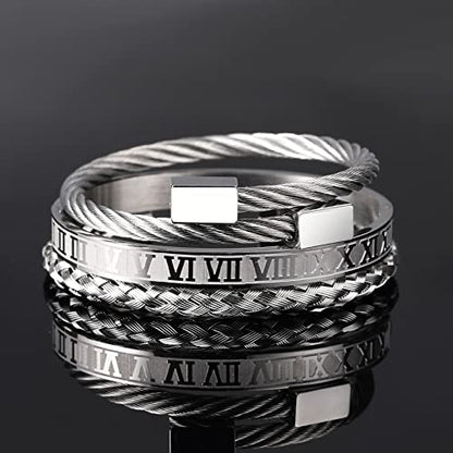 WFYOU 3PCS Stainless Steel Imperial Crown Bracelets for Men Gold Roman Numeral Bangle Bracelet Adjustable Cuff Bracelet Mens Luxury Jewelry Gifts - style: 09:Silver- Square