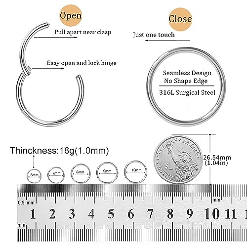 Small Gold Hoop Earrings, Lightweight 14K Gold Plated Huggie Hoop Earrings for Cartilage Helix Tragus, Hypoallergenic Earrings for Women Men, Tiny Thin Hoops Surgical Steel Endless Hoops Earrings 6-10 mm - color: 6/7/8/9/10mm Hoop Silver-18g