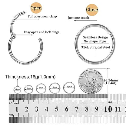 Small Gold Hoop Earrings, Lightweight 14K Gold Plated Huggie Hoop Earrings for Cartilage Helix Tragus, Hypoallergenic Earrings for Women Men, Tiny Thin Hoops Surgical Steel Endless Hoops Earrings 6-10 mm - color: 6/7/8/9/10mm Hoop Silver-18g