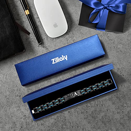 Men's Bracelet, Black and Blue Ion Stainless Steel, Initial Curved Plate, Gift for Boyfriend, Husband, Father, Comes with Gift Box - color: blue-blackJ