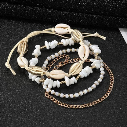 Shell Ankle Bracelet Set for Women,Boho Adjustable Beads Anklet Pack Natural White Shells Stack Stretch Seashell Pearl Starfish Bracelet Set Hawaiian Beach Vacation Foot Jewelry - style: E-Shell Beads 4Pcs