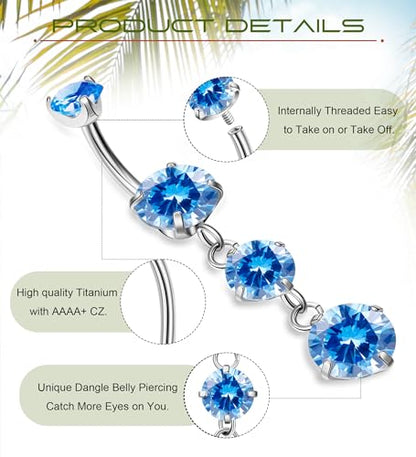 G23 Titanium Dangle Belly Button Rings for Women Dangling Navel Rings CZ Belly Rings Curved Barbell Internally Threaded Belly Piercing Jewelry - color: Blue