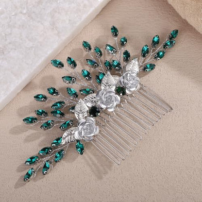 3D Silver Flower Hair Comb with Green Crystal for Wedding Brides Women Banquet Prom Hair Piece Handmade Side Headpiece (Green) - color: Green