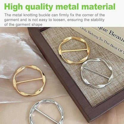 6Pcs Silk Scarf Ring Clip, T-shirt Tie Clips for Women Girls, Twist Tee Knot Ring, Waist Clothes Corner Button, Fashion Metal Circle Buckle, Round Scarves Clasp