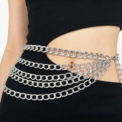 Women's chain belt waist chain belt multi-layer body belly chain dress suitable - color: Silver