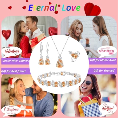 LMXXVJ Jewelry Set for Women,Teardrop Cubic Zirconia Necklace Earrings Adjustable Ring Bracelet Jewelry Set Formal Jewelry Gift - color: SYSD-White Gold-Champagne