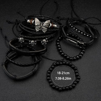 10pcs/set Black Punk Style PU Leather Bracelet Set - Adjustable Cuff Wraps for Men & Women, Perfect for Casual Attire & Gifting