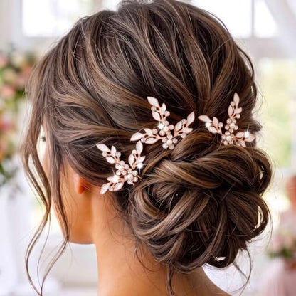 Heread Leaf Bride Wedding Hair Pins Crystal Bridal Head Dress Pearl Hair Accessories for Women and Girls (Pack of 3) (A Rose Gold) | Silver and Gold and Rose Gold Leaf Bridal Hair Clip Silver Rhinestone Pieces for Brides - color: A Rose Gold
