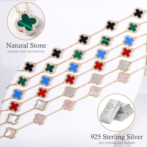 925 Sterling Silver Four Leaf Clover Bracelet – Real Silver Lucky Clover Jewelry for Women, Dainty Good Luck Gift for Her - color: Gold-Plated Malachite