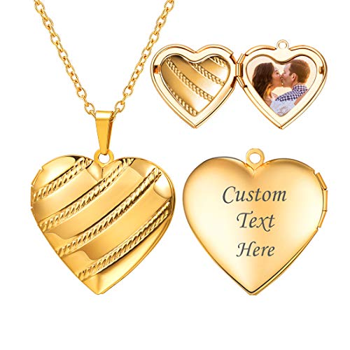 U7 Women Locket Necklace, Heart Photo Lockets Hold Picture, Gift Box Packed | Gold/Silver/Rose Locket Charm, Custom Picture and Engravement Heart Pendant, 20" Chain, Personalized Gift for Mom Wife Friend - color: 05# Gold Stripe