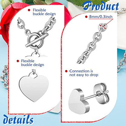 3 Pcs Heart Bow Snow Jewelry Set | Heart Necklace with Bracelet Earring, Snow Jewelry Set for Women, Bow Charms Toggle Gifts - color: Silver, style: Stainless Steel Heart