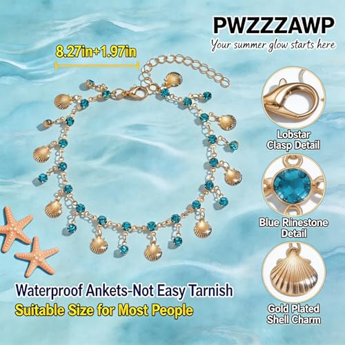 Ankle Bracelets for Women Gold Anklet Set Boho Vacation Gift | Gold anklet set for women 5 styles with matching gift pouch.Boho adjustable non-tarnish jewelry.Perfect present idea. - color: Blueshell