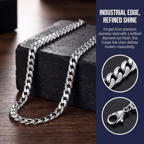 Necklace for Men Stainless Steel Statement Cuban Chain Necklace Gold/Silver/Black Plated 7mm Chain Hip Hop Jewelry 18/20/22/24/26/28/30 Inch - color: 7mm-Silver Cuban Chain, size: Length 20 Inch