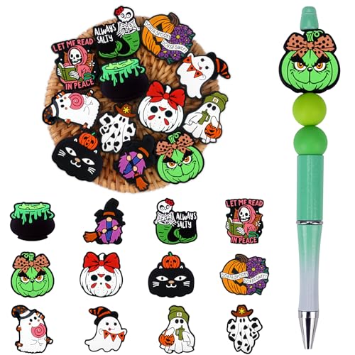 12pcs Halloween Silicone Focal Beads for Pens | Focal Beads for Keychain Making,Pens,Bracelet,Necklace Crafts,Bulk Silicone Beads for DIY（Halloween） - color: Halloween