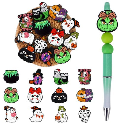 12pcs Halloween Silicone Focal Beads for Pens | Focal Beads for Keychain Making,Pens,Bracelet,Necklace Crafts,Bulk Silicone Beads for DIY（Halloween） - color: Halloween