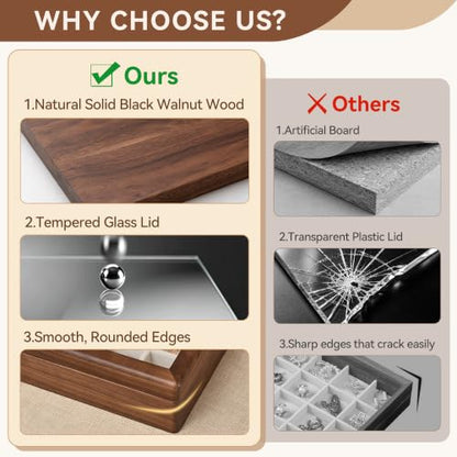 Black Walnut Wooden Jewelry Box, 40 Grid Earring Display Case for Women | Solid Wood, Earrings Organizer, Rings Stud Holder, Jewelry Tray, Glass Lid, Handcrafted, Velvet Lined, Gifts for Girls Mom - color: 40 Grids Jewelry Box