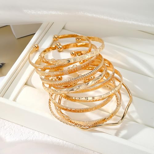17IF Gold Bangle Bracelet For Women, 14k Multilayer Charm Textured Stackable Bracelets Boho Indian Chunky Cuff Fashion Jewelry Gift - style: 11 Pcs