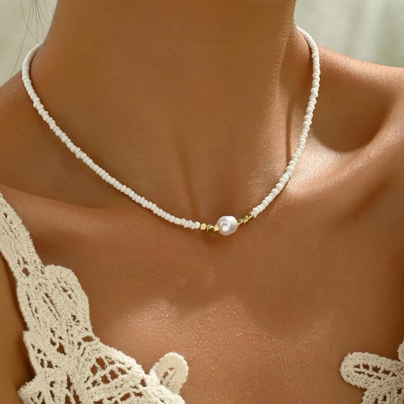 Faux Pearls Necklace Irregular Woven Beads Design, Adjustable Length, Multicolor Seed Beads for Everyday, Beach, Layering - color: White