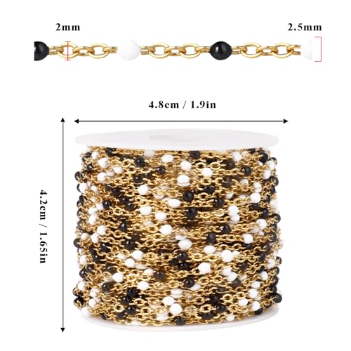 33FT 2mm Gold Cable Chains Black White Enamel Chain Bulk for Jewelry Making | 18K Gold PVD Plated Stainless Steel Enamel Beaded Chains Roll for Necklace Bracelet - color: Gold White Black Beads