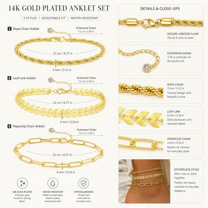 3 Pcs Gold Anklets for Women, 14K Gold Plated Stainless Steel Ankle Bracelets Set, Adjustable Leaf/Rope/Curb Link Chain Foot Jewelry for Summer Beach, Pool & Daily Wear, 8.27"+3.0"