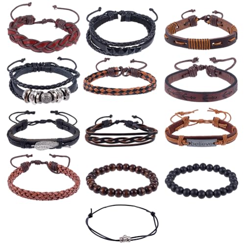 13PCS Boho Cowhide Leather Woven Wrap Bracelets Adjustable Braided Leather Wrist Cuff Stackable Multilayered Hemp Cords Ethnic Tribal Wooden Beads Wristband Bracelets Set for Men Women