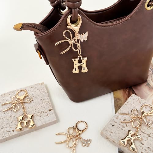 Gold Bubble Heart, Cherry, Bow & More Designs Letter Initial Keychain Bag Charms – Cute Purse Charms for Handbags - color: Bow & Butterfly, style: H