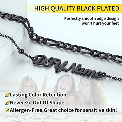 ChainsHouse Double Layer Anklet Bracelet for Women,Adjustable Chain Anklets Stackable Dainty Anklets,Stainless Steel/Gold Plated/Black Ankle Jewelry Gifts - color: C-Black-Figaro Chain