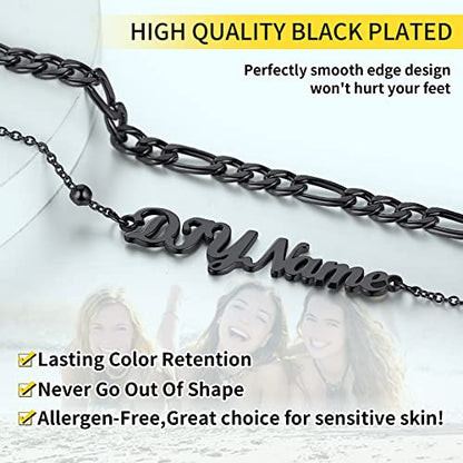 ChainsHouse Double Layer Anklet Bracelet for Women,Adjustable Chain Anklets Stackable Dainty Anklets,Stainless Steel/Gold Plated/Black Ankle Jewelry Gifts - color: C-Black-Figaro Chain