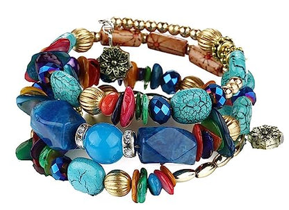 Women Beaded Bracelet Set | Colorful Boho Stackable Trendy Design with Crystal Accents Multilayer Bangle Bracelet | Fashion Stretch Braclets Jewelry for Women - color: Teal.