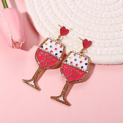 Birthday Earrings for Women Happy Birthdays Earrings Statement Cake Champagne Bottle Earring Happy Birthdays Dangle Earring Birthday Gifts Party Favors - color: Wine Glass
